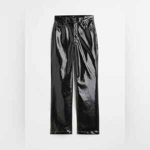 Womens H&M Faux Leather Straight Pants Black W/ White Seams Night Out Casual